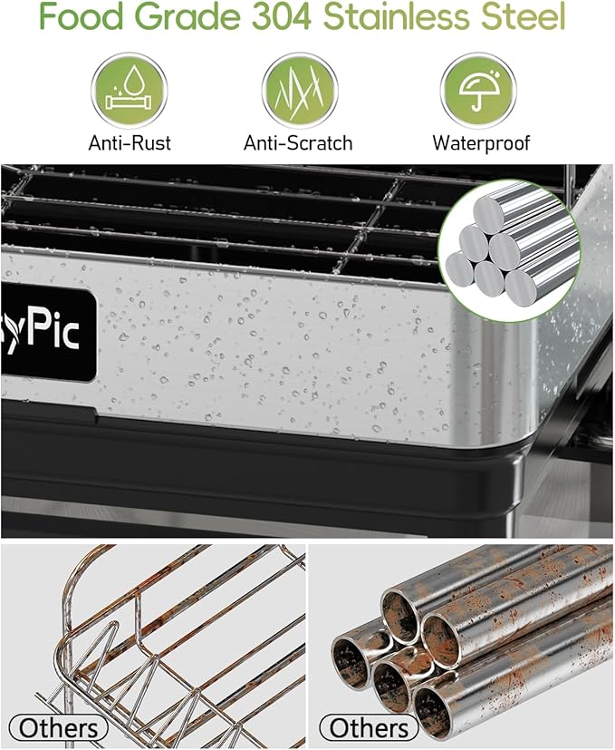 CosyPic 2 Tier Dish Drying Rack, Thicker Premium 304 Stainless Steel Dish Racks for Kitchen Counter, Automatic Drainage Spout, Dish Drainer & Drainboard Set with Utensil Holder and Cup Holder, Black