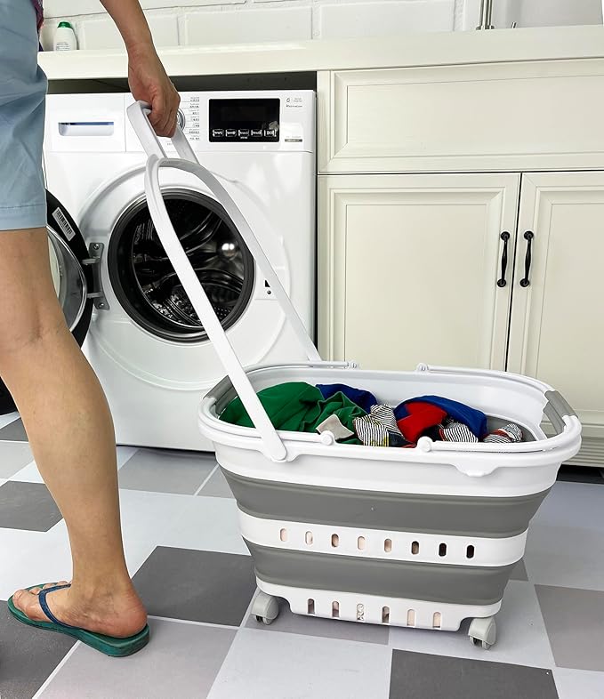 SAMMART 35L (9.24 Gallons) Collapsible Plastic Laundry Basket with Handle and Wheels - Foldable Pop Up Storage Container/Organizer with handle and wheels - Space Saving (2, White/Grey)
