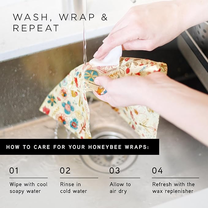 Honeybee Beeswax Wraps - Kitchen Starter Pack with Wax Replenish Block - Certified Organic Cotton Beeswax Wrap - Reusable Beeswax Food Wrap - 3 Pack - Small, Medium & Large