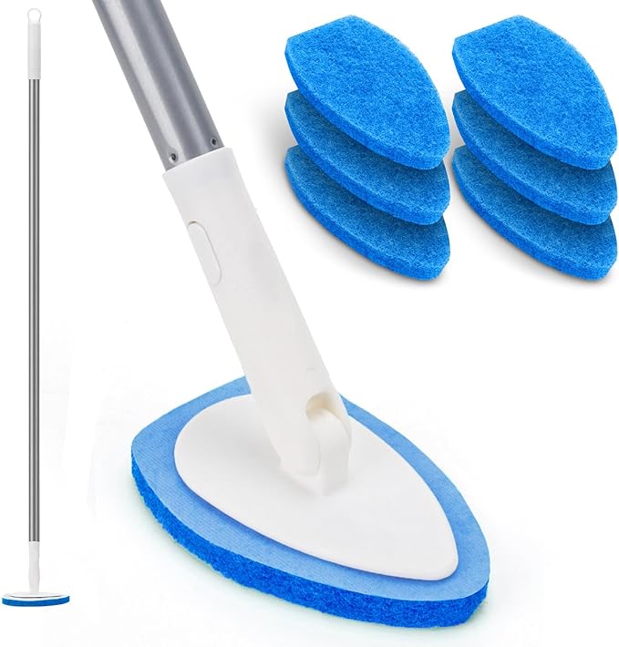 Shower Scrubber, Bathroom Tub and Tile Cleaner Brush with Long Handle, 47'' Bathtub Cleaning Tool with 6 Refill Pads