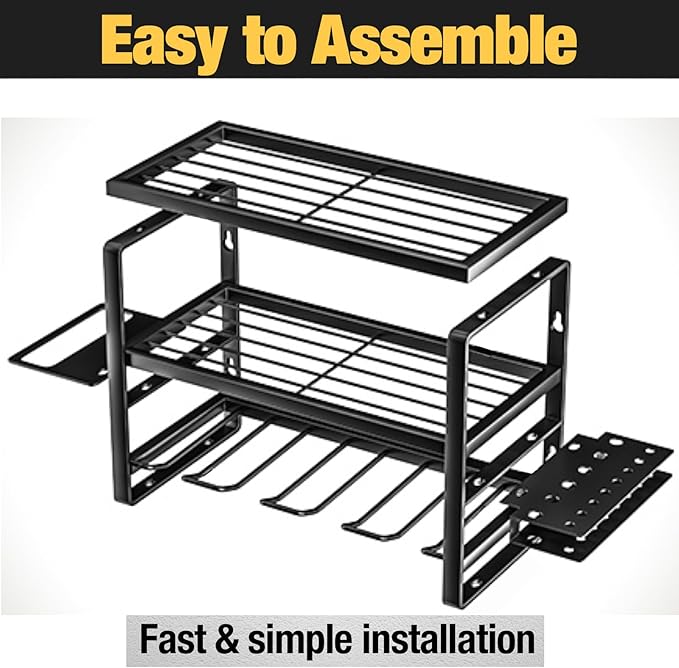 YYR Heavy Duty Power Tool Organizer Wall Mount, Cordless Drill Hanger Storage Rack, Battery Tools Holder with Charging Station Shelf for Garage Organization, Workshop, Pegboard, Shed - 16 Inch 4 Slots