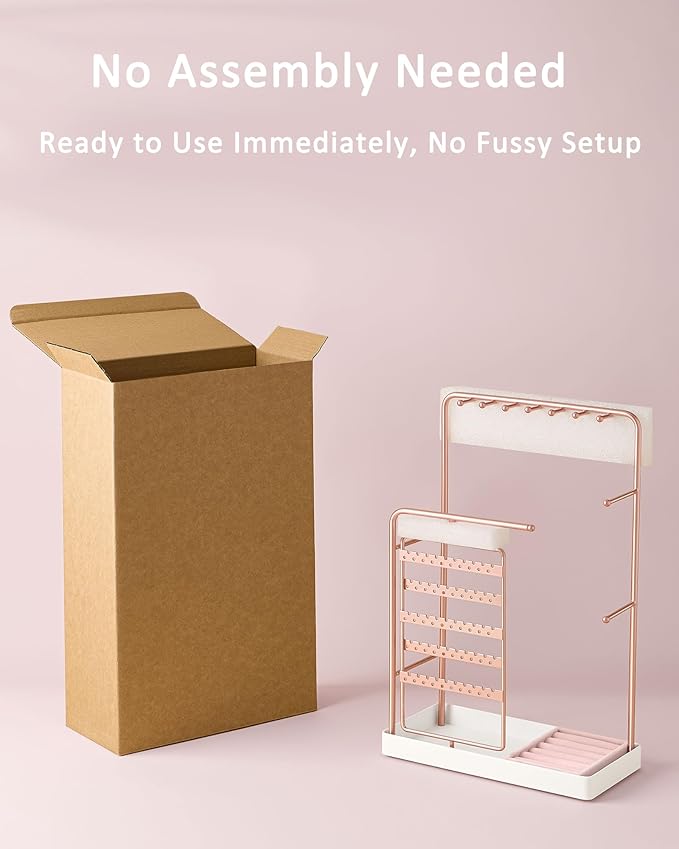ProCase Jewelry Stand Holder Organizer, Jewelry Display Storage with Ring Tray, No-Assembly Needed, Rotating Earring Bracelet Necklace Holder, Christmas Gifts Room Dorm Decor for Teen Girls -Rosegold
