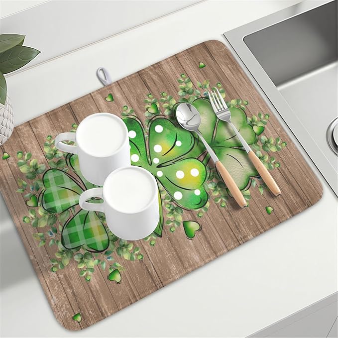 Wnoesat St Patricks Day Wooden Plank Texture Shamrock Dish Drying Mat St Patrick Eucalyptus Leaves Clover Dish Drying Pad for Kitchen Counter Absorbent Microfiber Dishes Drainer Rack Mats 18x24 Inch