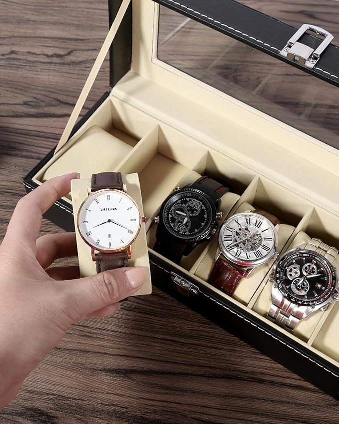 Uten Watch Box, 6 Slots Watch Case, Watch Box Organizer Jewelry Storage with Large Glass Lid, Watch Display Case, Watch Box for Men & Women