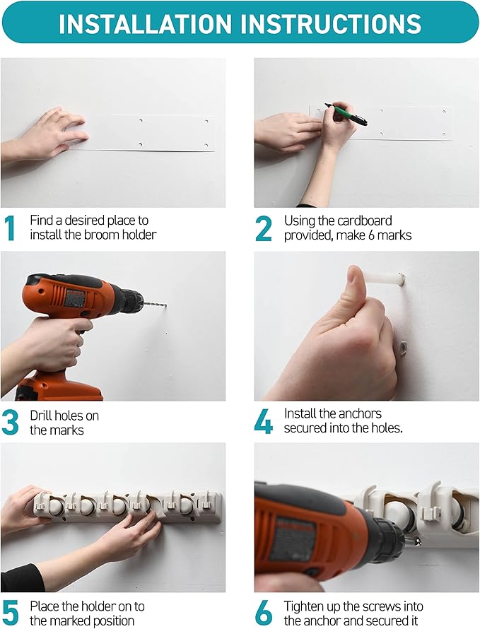 HOME IT Mop And Broom Holder Wall Mount - Garage Storage Systems with 5 Slots, 6 Hooks, 7.5lbs Capacity Per Slot - Garden Tool Organizer For Home, Kitchen, Closet, Garage, Laundry Room - Off-White