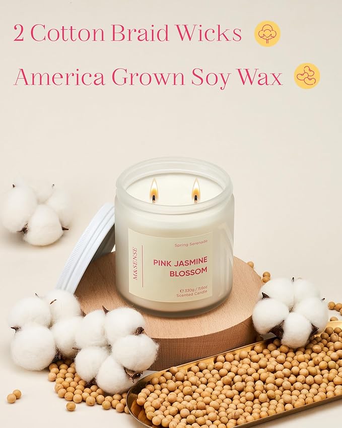 M&SENSE Pink Jasmine Rose Scented Candle - 11.6oz Natural Soy Wax 70-Hour Long Lasting Burn Time, 2-Wick Spring Non-Toxic Romantic Candle for Home Decor Flower Scent Gifts for Her Him