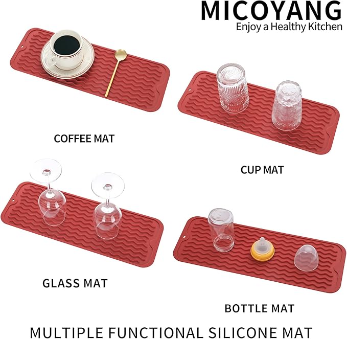 MicoYang Silicone Dish Drying Mat for Multiple Usage,Easy clean,Eco-friendly,Heat-resistant Silicone Mat for Kitchen Counter,Sink,Bar,Bottle,or Cup Red M 17 inches x 6 inches