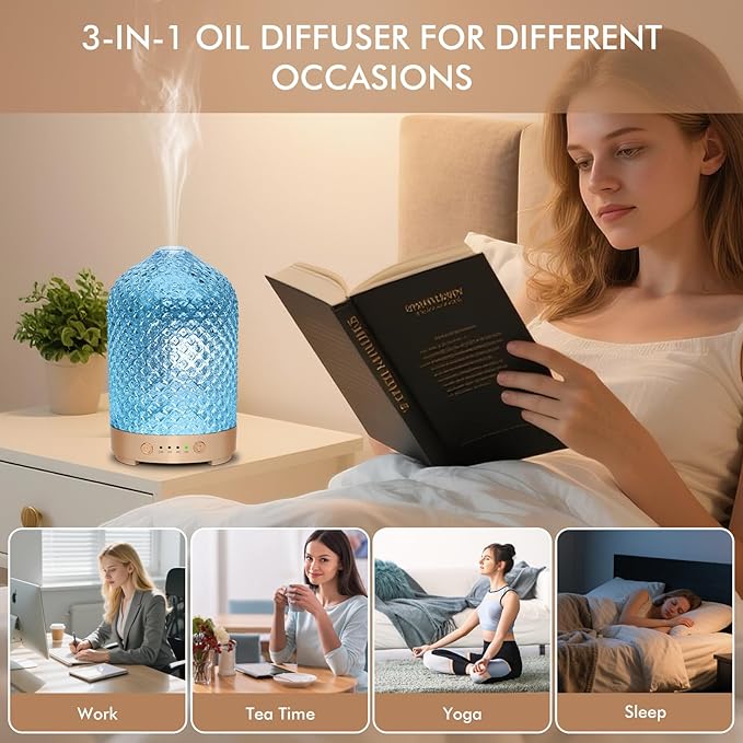 Glass Essential Oil Diffuser 200ml-Ultrasonic Aroma Diffuser with Glass Dome, Aromatherapy Diffuser with 4 Timers 7 Color LED Lights Auto Shut-Off Protection for Home Office Yoga Gift