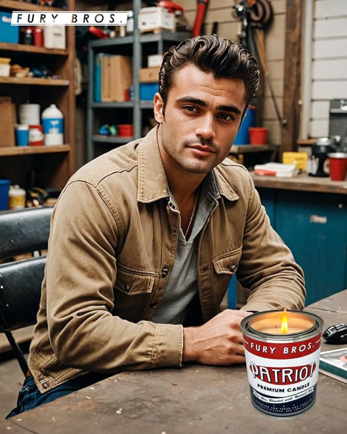 Fury Bros. Scented Candles for Men | Patriot | Campfire & Fresh-Cut Tobacco | Natural Soy Wax | Hand-Poured in The USA | Long 70-80 Hour Burn (12.5 oz) | Vintage-Inspired Tin Design | Dad Home Gift