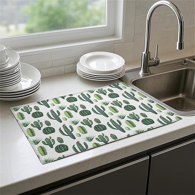 Dish Drying Mat For Kitchen Counter, Green Cute Cactus Microfiber Absorbent Dish Drainer Rack Pad Reusable Large 18x24in Drying Mat