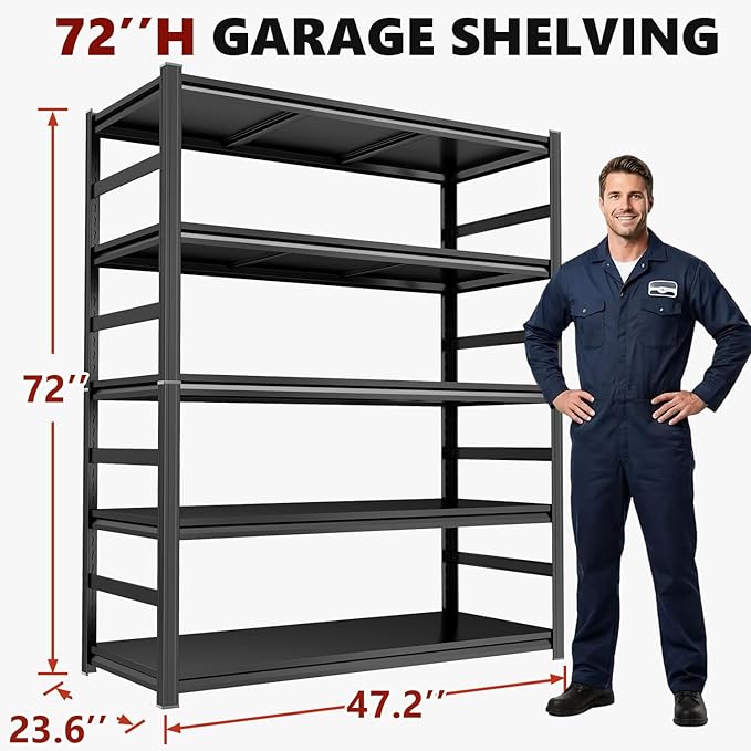 Metal Garage Shelving Unit,Heavy Duty 5-Tier Adjustable Storage Rack,Steel Shelving, 3000 lbs Capacity, Industrial Shelves for Heavy Tools and Equipment, Ideal for Garage (72"H×47.2"W×23.6"D)