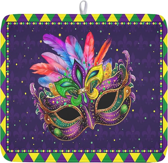 Wnoesat Mardi Gras Dish Drying Mat for Kitchen Counter Masquerade Mask Feather Dishes Drying Mat Microfiber Absorbent Reusable Washable Dishes Drainer Rack Mats 16x18 Inch