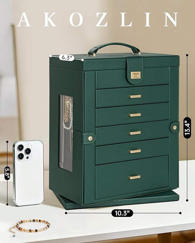 AKOZLIN 360° Rotating Jewelry Box 6-Tier Organizer Functional Jewelry Storage Case for Women Girls Ring Necklace Earring Bracelet Holder with Mirror