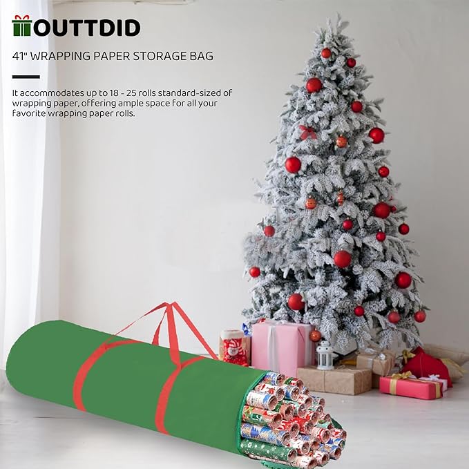 OUTTDID Christmas Wrapping Paper Organizer Storage, 41" Gift Wrapping Paper Storage Containers, 600D Oxford Fabric Gift Wrap Paper Holder Fits 18-25 Rolls, with Handles and Zippered, Green