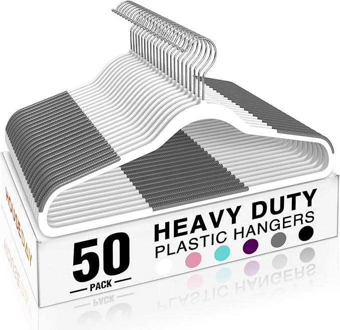 HOUSE DAY Heavy Duty Plastic Hangers 50 Pack, Non Slip Clothes Hangers with Rubber Grip and 360° Hook - Thin Plastic Hanger Space Saving - Coat Hanger White, Closet Organizer for Shirt, Pants, Suit