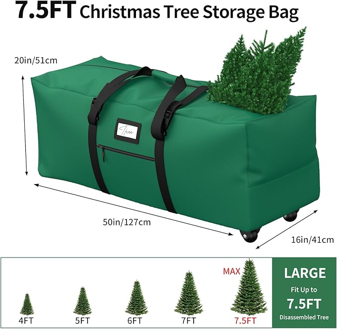 Rolling Christmas Tree Storage Bag, Fits Up to 7.5 ft Artificial Xmas Disassembled Trees. Extra Large Storage Container with Wheels and Handles. Against Dust and Moisture (Green)