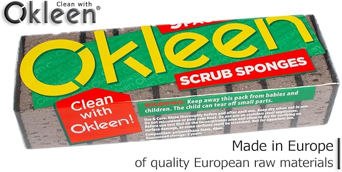 Okleen Taupe Multi Use Scrub Sponges. Made in Europe. 18 Pack, 4.3x2.8x1.4 inches. Best Odorless Durable Brown Heavy Duty Scrubber for Kitchen and Household Cleaning