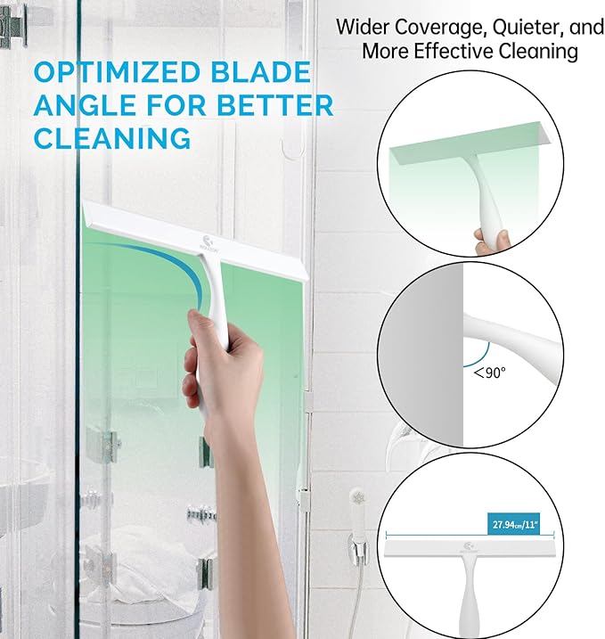 ROLIZOE Shower Squeegee for Glass Doors, 11 Inch Ergonomics Anti-Rust Silicone Squeegee with Stainless Steel Frame for Shower Glass Door, Mirrors, Tiles and Windows Cleaning, White