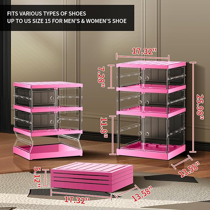 3-Tier Foldable Shoe Rack for Closet Entryway 3-6Pairs, Stackable Clear Shoe Storage Boxes Organizer with Door Plastic Small Shoe Cabinet Bins with Lids Shoes Shelf Easy Assembly（Black-Pink）