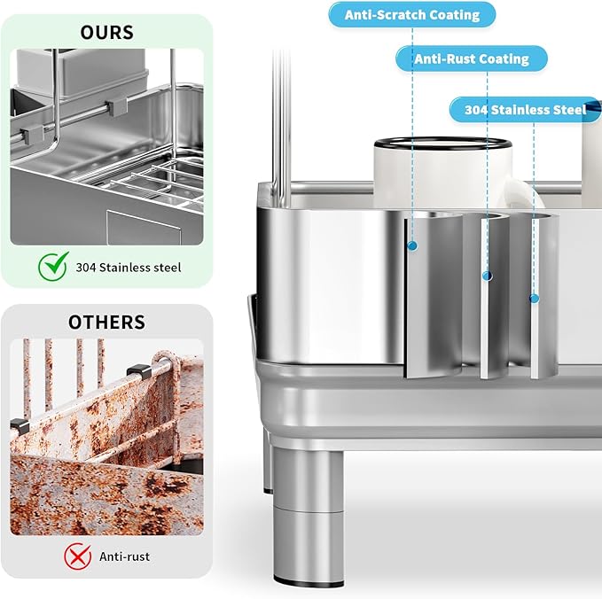 Ewaiira Dish Drying Rack, 2 Tier Large Dish Rack, Stainless Steel Dish Drainer for Kitchen Counter, Dishes Rack with Automatic Drainage, Utensil Holder&Cups Holder,Space Saving Kitchen Organizer,Gray