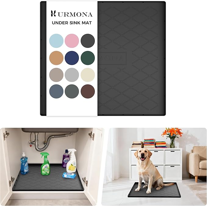 URMONA Under Sink Mat for Kitchen Waterproof, 19" x 22" Silicone Under Sink Mat for Shelf Liner Organizer, Cabinet Sink Protector Under Sink Liner for Bottom Kitchen, Bathroom(Black)