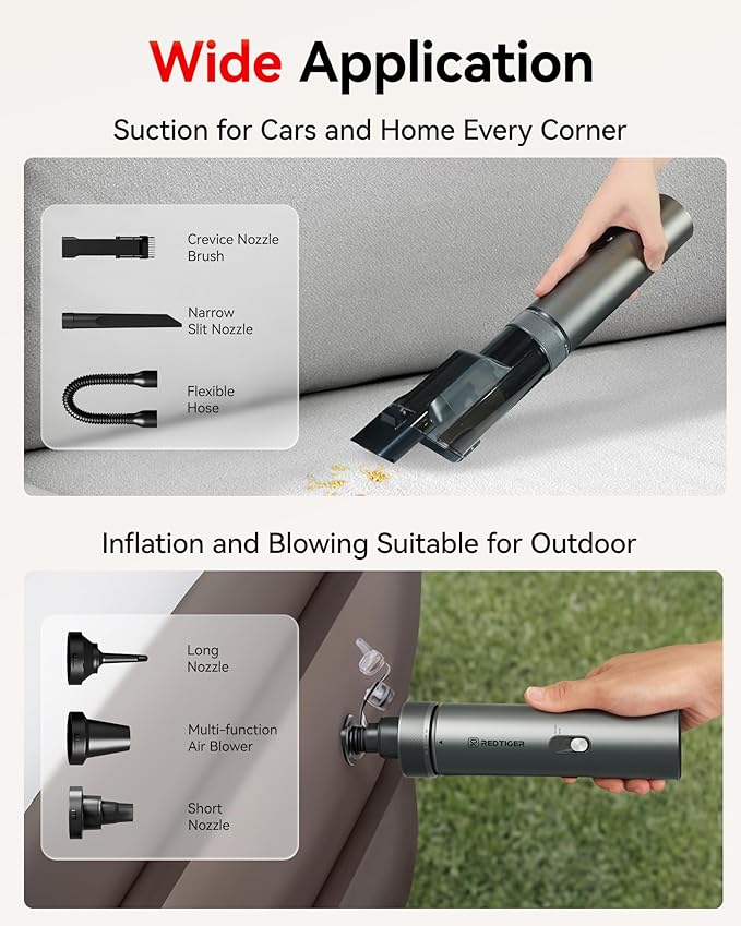 REDTIGER Car Vacuum Cordless, 21000PA Portable Handheld Vacuum Up to 70 Mins Runtime, 3.5H USB-C Fast Charge, Lightweight 4 in1 Mini Hand Held Cleaner Power for Car Home Outdoor Camp Pet Food Black