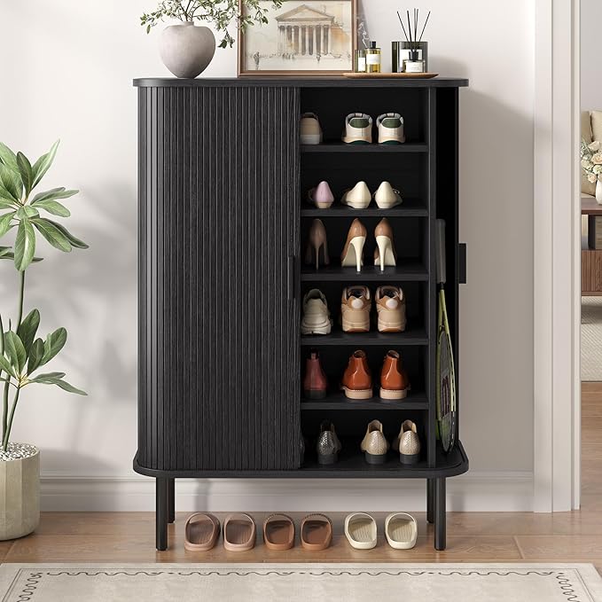 Shoe Storage Cabinet with Adjustable Shelves, 6-Tier Mid-Century Modern Shoe Organizer with Sliding Door, Shoe Storage Organizer for Entryway Hallway Living Room (Black)