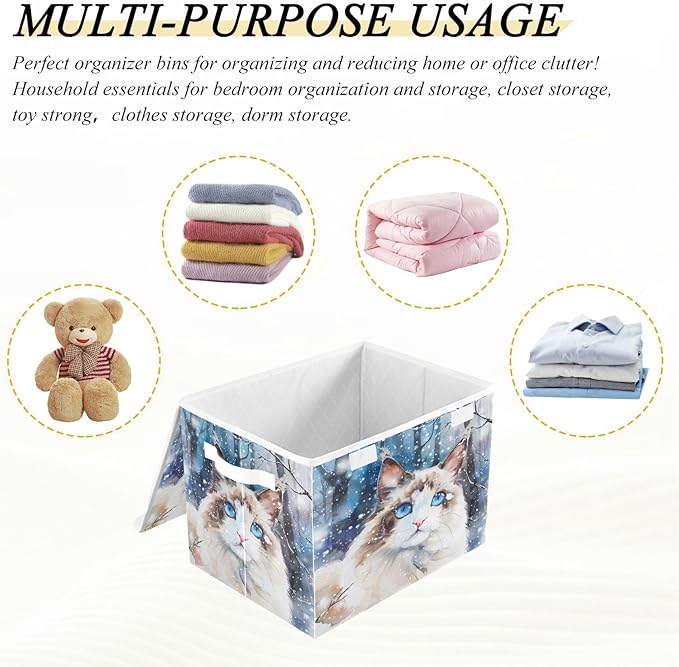 senya Winter Baskets Collapsible Storage Bins with Lids, Ragdoll Cat in The Snow Storage Boxes Clothes Baskets for Organizing