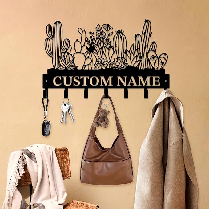 Personalized Custom Name Cactus Wall Keys Hooks,Metal Cactus Art Clothes Hooks,Metal Cactus Lover Wall Home Storage Decorative,For Front Door, Hallway, Kitchen, Bedroom,Keys,Hats (Style D)