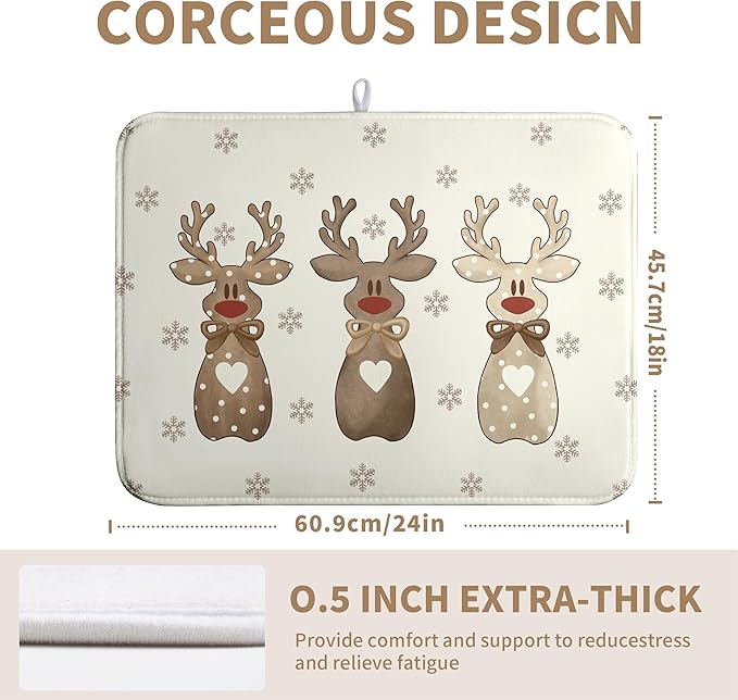 Wnoesat Christmas Reindeer Snowflakes Dish Drying Mat for Kitchen Counter 18x24 Inch Winter Xmas Holiday Drying Pads Microfiber Absorbent Dish Draining Mat Large Dish Drainer Rack Mat