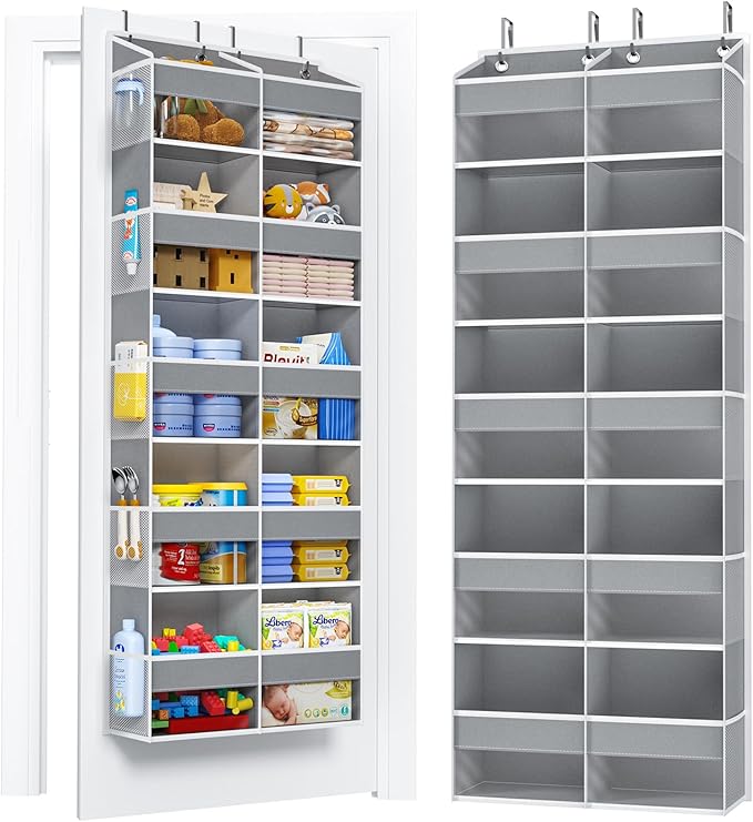 Purespace 5-Tier Over The Door Organizer with 10 Side Mesh Pockets & Clear Windows, 80 lbs Weight Capacity Hanging Storage for Bathroom, Bedroom, Nursery, Kitchen, Organize Toys, Shoes, Diapers (Grey)