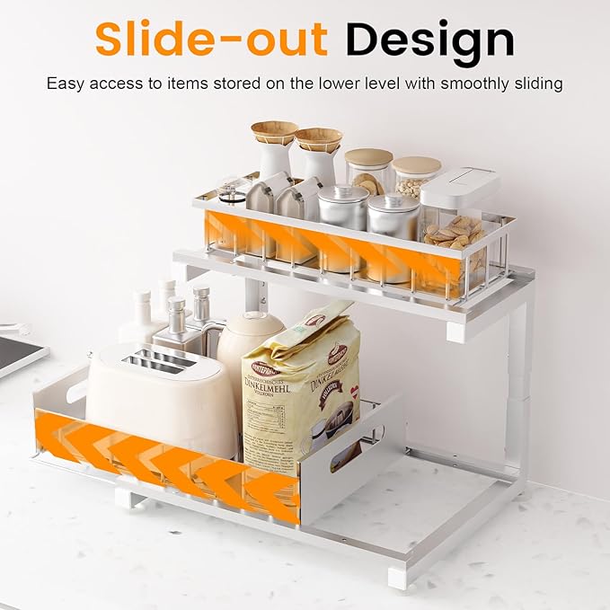Toyear Under Sink Organizer, Heavy Duty Metal Pull Out Cabinet Organizer Slide Out Sink Shelf Organizer Height Adjustable, Multi-Purpose Storage Shelf for Kitchen Bathroom(Sliver,2Pack)