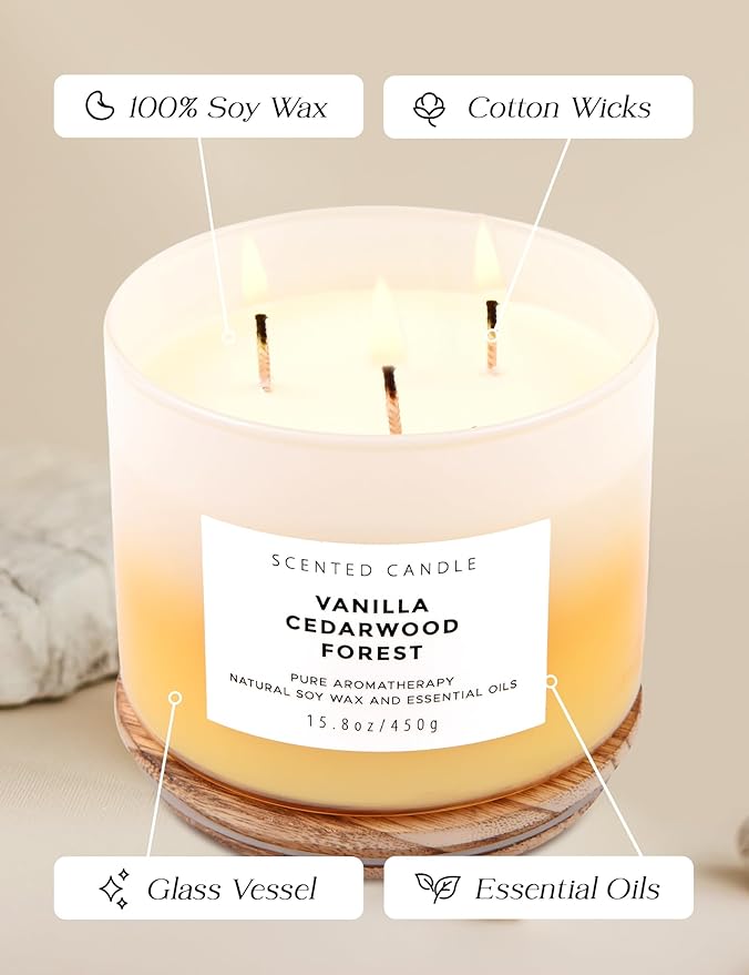 Vanilla Cedarwood Candle 3 Wick Soy Candles for Home Scented, Large 15.8oz Warm Cozy Vanilla Cedar Woods, Relaxing Aromatherapy Candle, Long Lasting Clean Burn, Living Room Bedroom Spa Gift