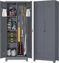 65''H Garage Storage Cabinets, Metal Locking Storage Cabinet with Doors and Shelves, Utility Closet Cabinet with Hanging Rod, Cleaning Storage for Kitchen, Office, Garage