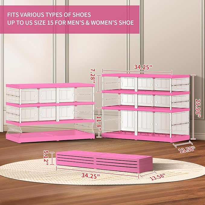 3-Tier Foldable Shoe Rack for Closet Entryway 6-12Pairs, Stackable Clear Shoe Storage Boxes Organizer with Door Plastic Small Shoe Cabinet Bins with Lids Shoes Shelf Easy Assembly（White-Pink）