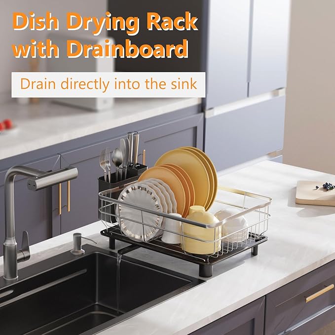 AIDERLY Stainless Steel Dish Drying Rack with Drainboard Dish Drainers for Kitchen Counter Extendable Spout Strainers with Utensil Holder and Knife Slots, Black