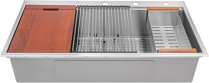 42” x 22” Workstation Topmount/Drop-in Stainless Steel Sink, 16-Gauge Bowl w/Integrated Ledge, 15mm Radius, Accessories Includes Bottom Grid, Dish Rack, Colander, Strainer & Cutting Board