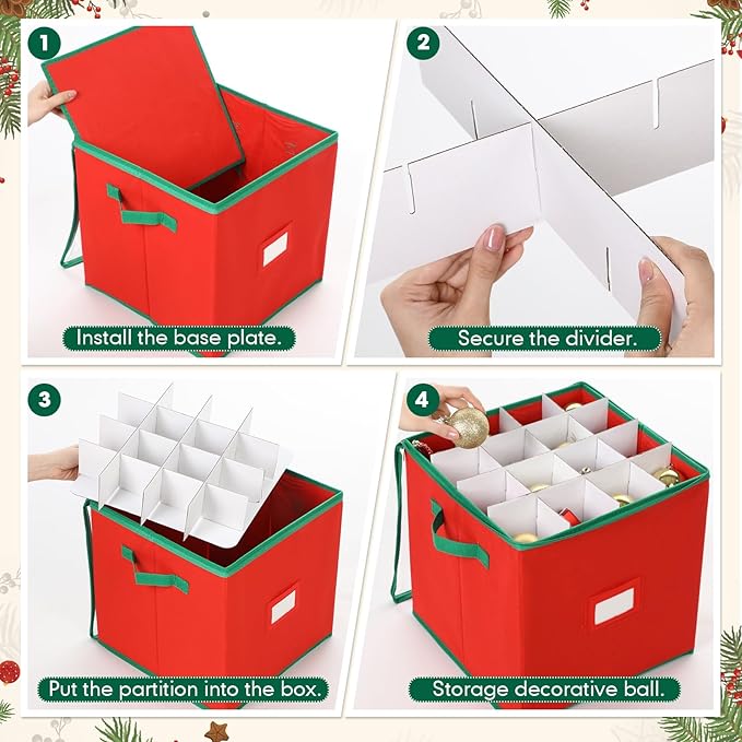 Chengu 2-pack Christmas Ornament Storage Stores up to 64 Christmas Ball Accessories Holder with Adjustable Dividers, Zippered Closure Two Handles for Holiday Ornaments and Xmas Decorations(Bright Red)