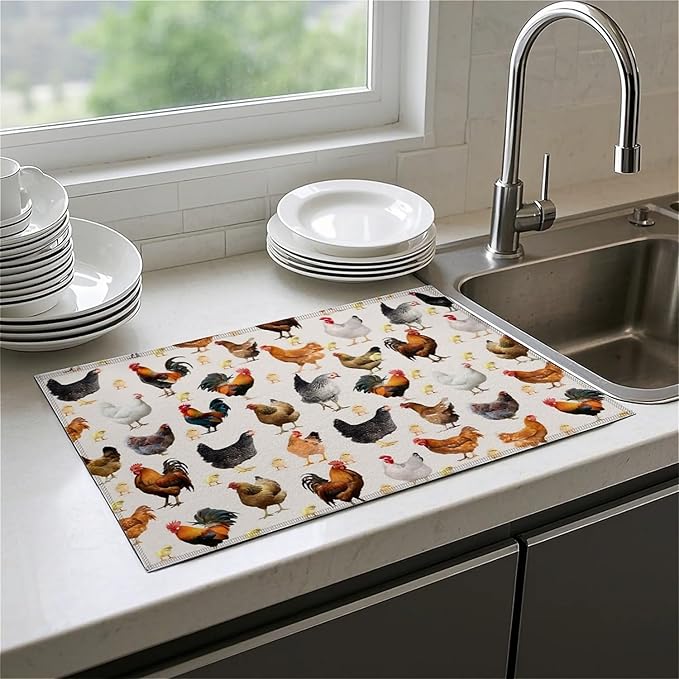 Dish Drying Mat For Kitchen Counter, Hens Roosters And Chickens Microfiber Absorbent Dish Drainer Rack Pad Reusable Large 18x24in Drying Mat