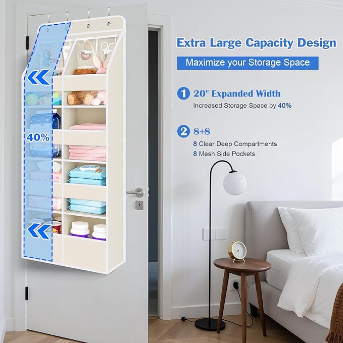 Univivi 5-Shelf Fabric Baby Door Storage Over Door Hanging Organizer with 8 Deep Pockets and 4 Small PVC Pockets Wall Mount Hanging Storage Organizers for Baby Essential (Beige)