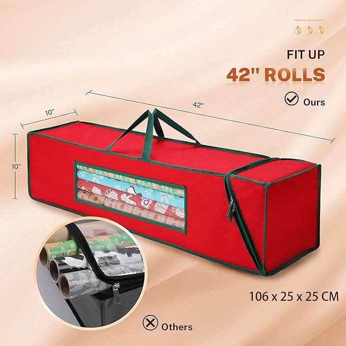 MaidMAX Christmas Wrapping Paper Organizer Storage Bag, Wrapping Paper Storage Fits 42″ Long Rolls, Gift Wrap Storage with Clear Window 42″ x 10″ x 10″