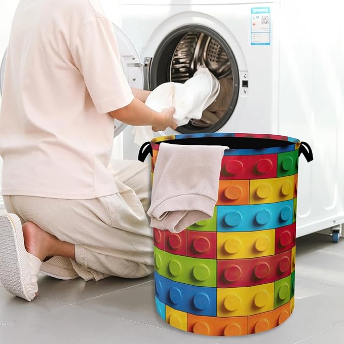 Colorful Building Blocks Laundry Hamper,Dirty Clothes Laundry Basket with Handles Waterproof Oxford Cloth Storage Basket for College Dorms Bathroom Bedroom 16" x 20.8"
