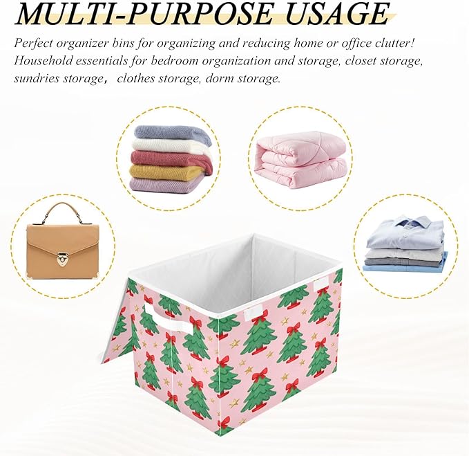 Christmas Tree Bow Stars Storage Bins with Lids Foldable Storage Basket with Handles Collapsible Large Fabric Organizer Containers for Clothes Shelves Closet Office Home