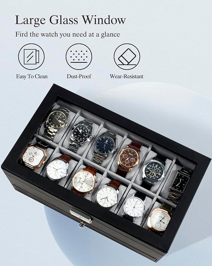 GUKA Watch Box 12 Slot Watch Display Organizer Leather Jewelry Case Drawer Glass Birthday for Men Women, Child Husband Dad GK-012BKGREY-LED-24