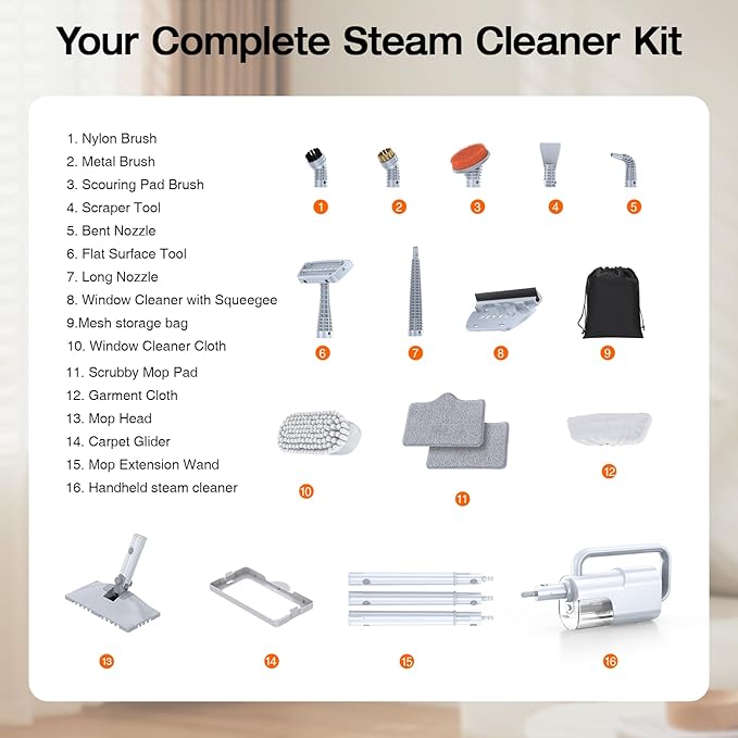 ScrubWiz 10-in-1 Steam Cleaner, Steam Mop & Handheld Steam Cleaner, 350ml Water Tank, 10s Fast Heating, 2 Steam Modes, Portable Steamer for Kitchen, Floor, Tiles, Home, BBQ Grill, Ergonomic Handle