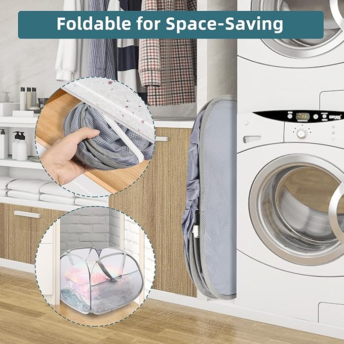 2 Pack Collapsible Laundry Baskets, 90L Large Foldable Laundry Basket, Durable Mesh Pop Up Hampers for Laundry, Dirty Clothes Laundry Hamper for Bedroom, Bathroom, Dorm, Laundry Room, Travel Grey
