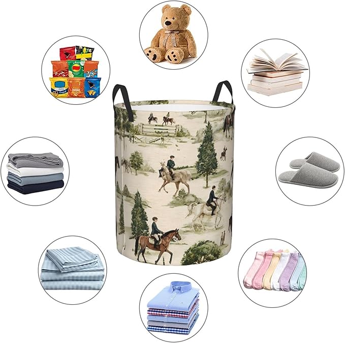 Laundry Hamper with Handles, Horse Riding Pattern, Collapsible Storage Basket, 15.7x19.6 inches (Vintage Equestrian Horse Racing)