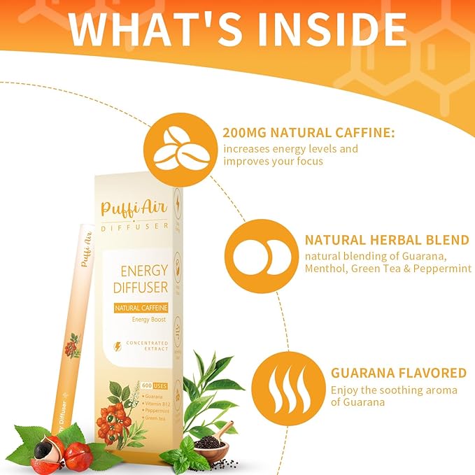 PUFFIAIR Focus Energy Duo Herbal Diffuser Pen Set | Mullein and Caffeine Inspired Blends | Green Orange | 2 Count