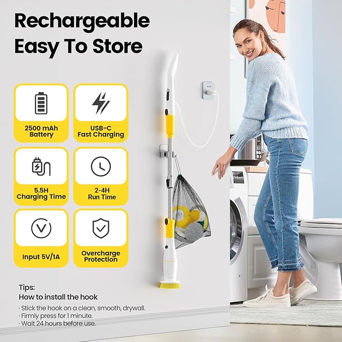 StarVal Electric Spin Scrubber, Cordless Cleaning Brush Shower Scrubber Up to 550 RPM with 9 Replaceable Brush Heads, Bathroom Scrubber Adjustable Extension Handle for Bathroom Kitchen Car (Yellow)