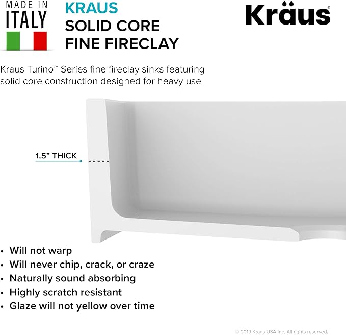 KRAUS KFR1-33GWH Turino Reversible 33-inch Fireclay Farmhouse Flat Apron Front Single Bowl Kitchen Sink with Bottom Grid in Gloss White